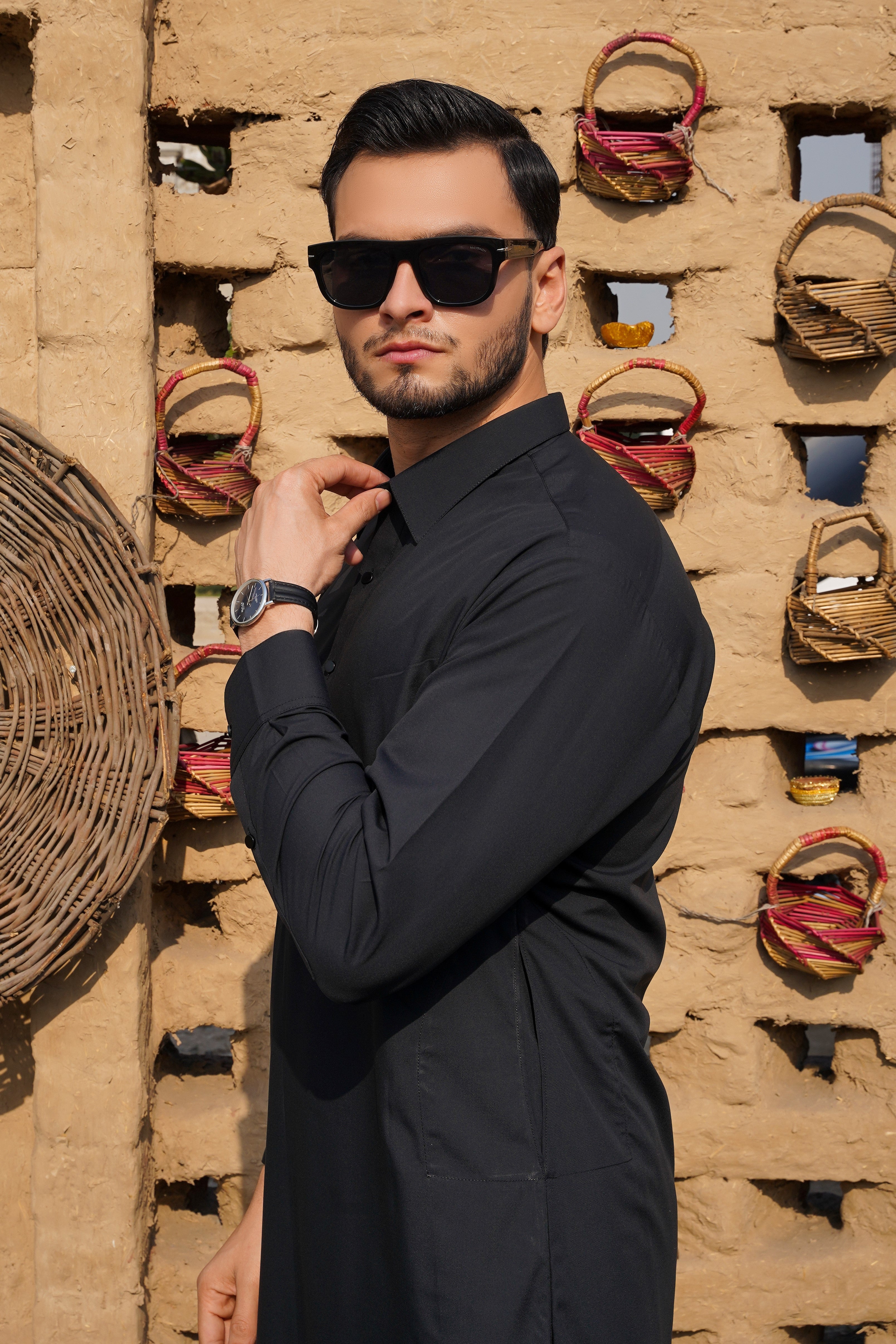 Black - Plain Collar Shalwar Kameez