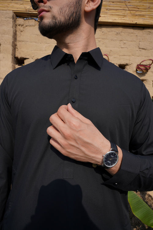 Black - Plain Collar Shalwar Kameez