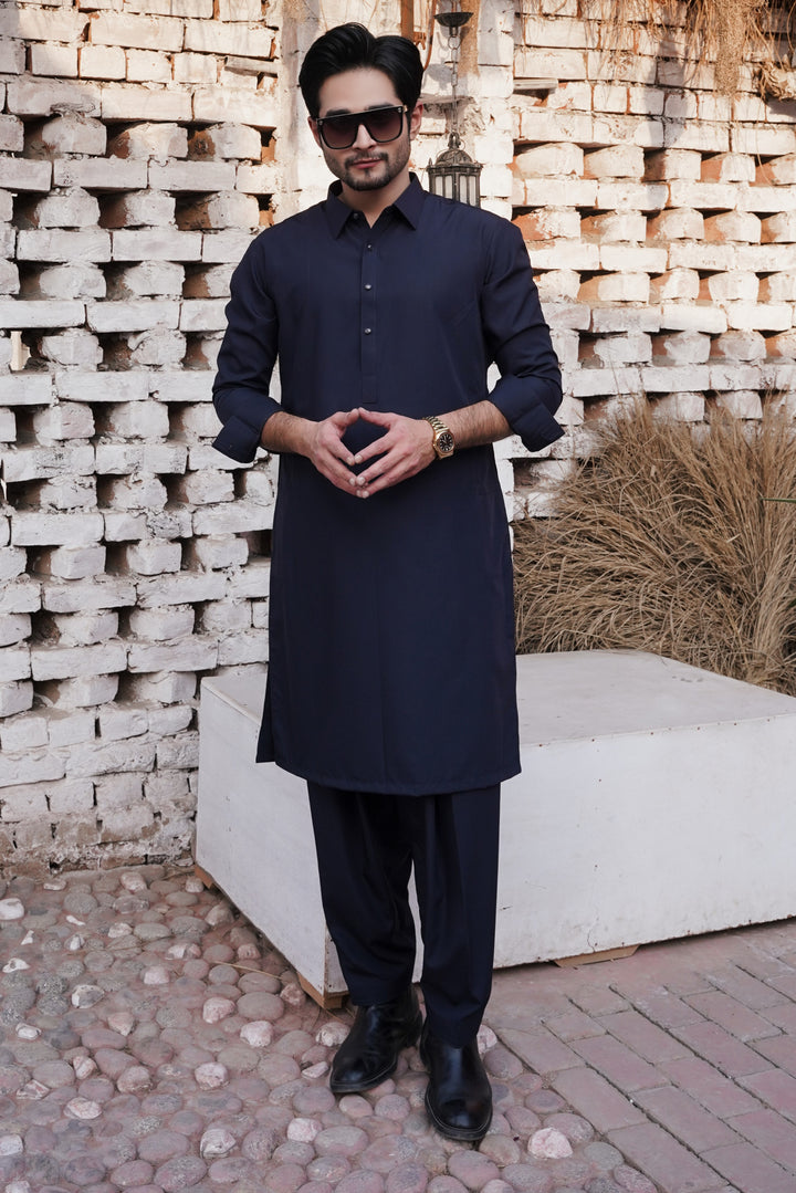 Navy Blue - Plain Collar Shalwar Kameez