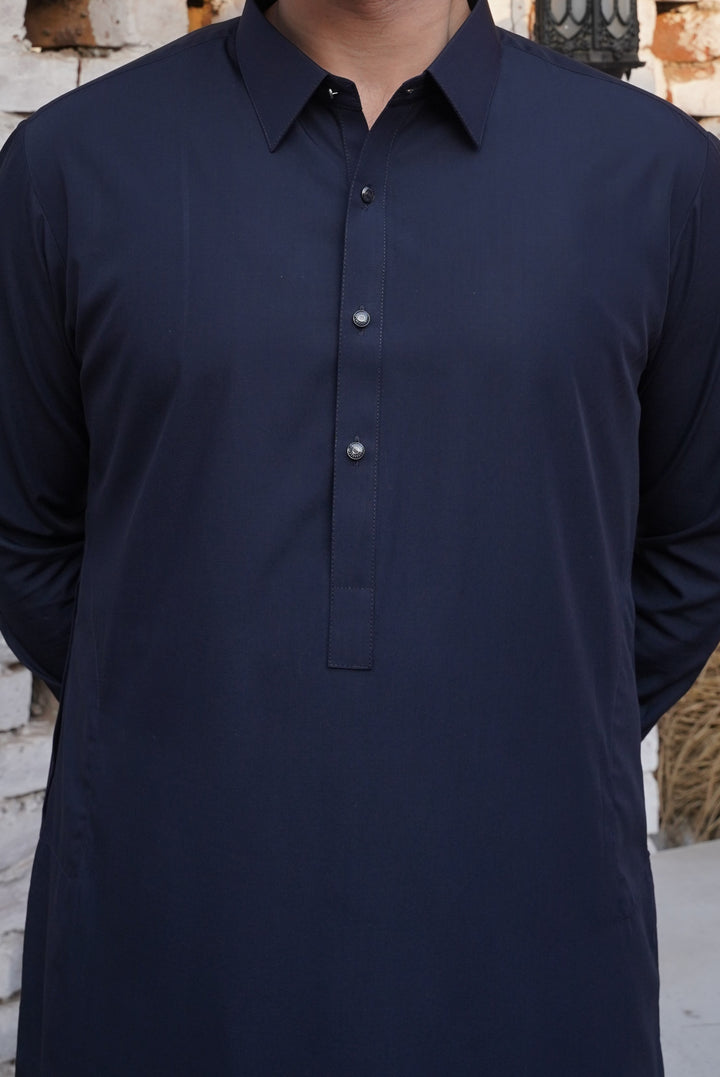 Navy Blue - Plain Collar Shalwar Kameez