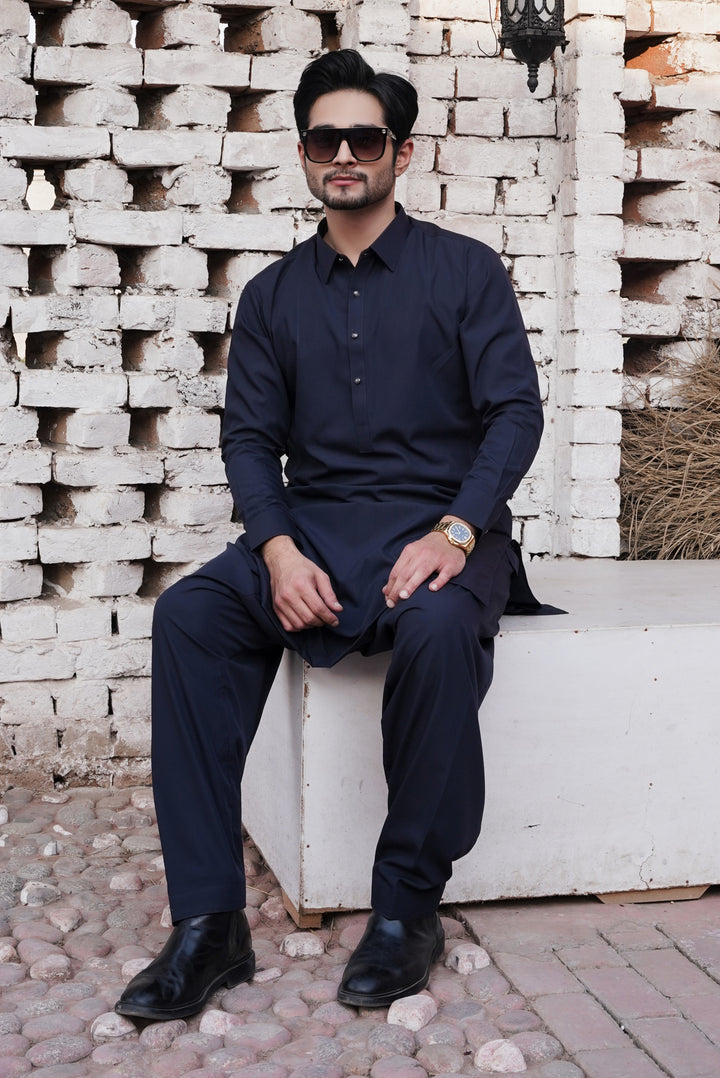 Navy Blue - Plain Collar Shalwar Kameez