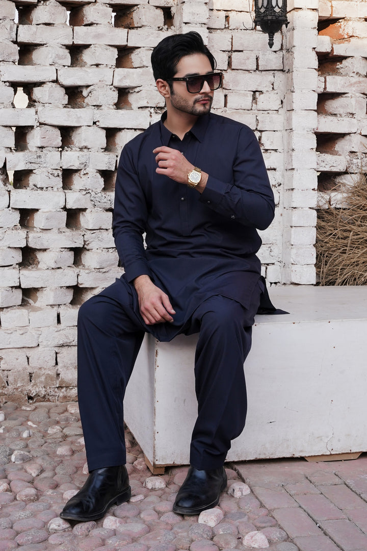 Navy Blue - Plain Collar Shalwar Kameez
